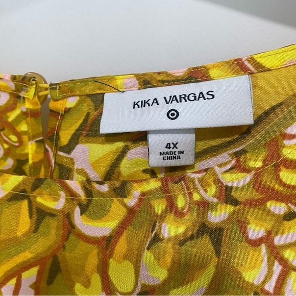 Woman’s Floral Print Midi Puff Sleeve Dress Kika Vargas Gold Size 4X - Picture 5 of 8